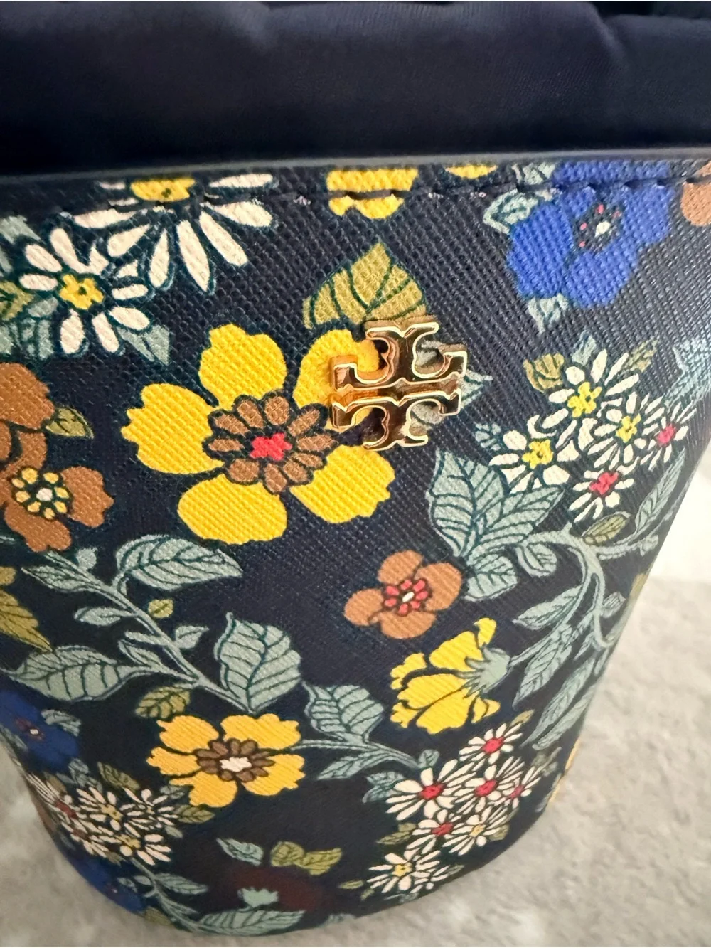 Tory Burch Navy Floral Mini Bucket Bag with Yellow & Blue Blooms